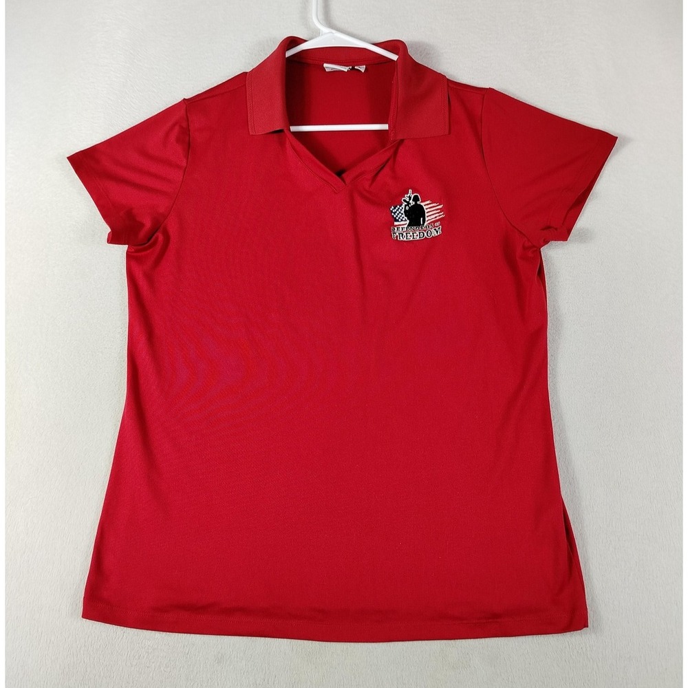All USA Polo Shirt Womens Large Red Defenders Of Freedom Patriotic Military
